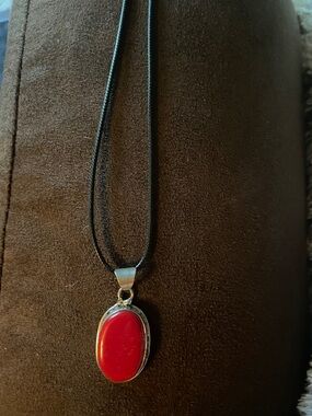 Red Oval Pendant Necklace on black cord - Women's Jewelry 8 inches